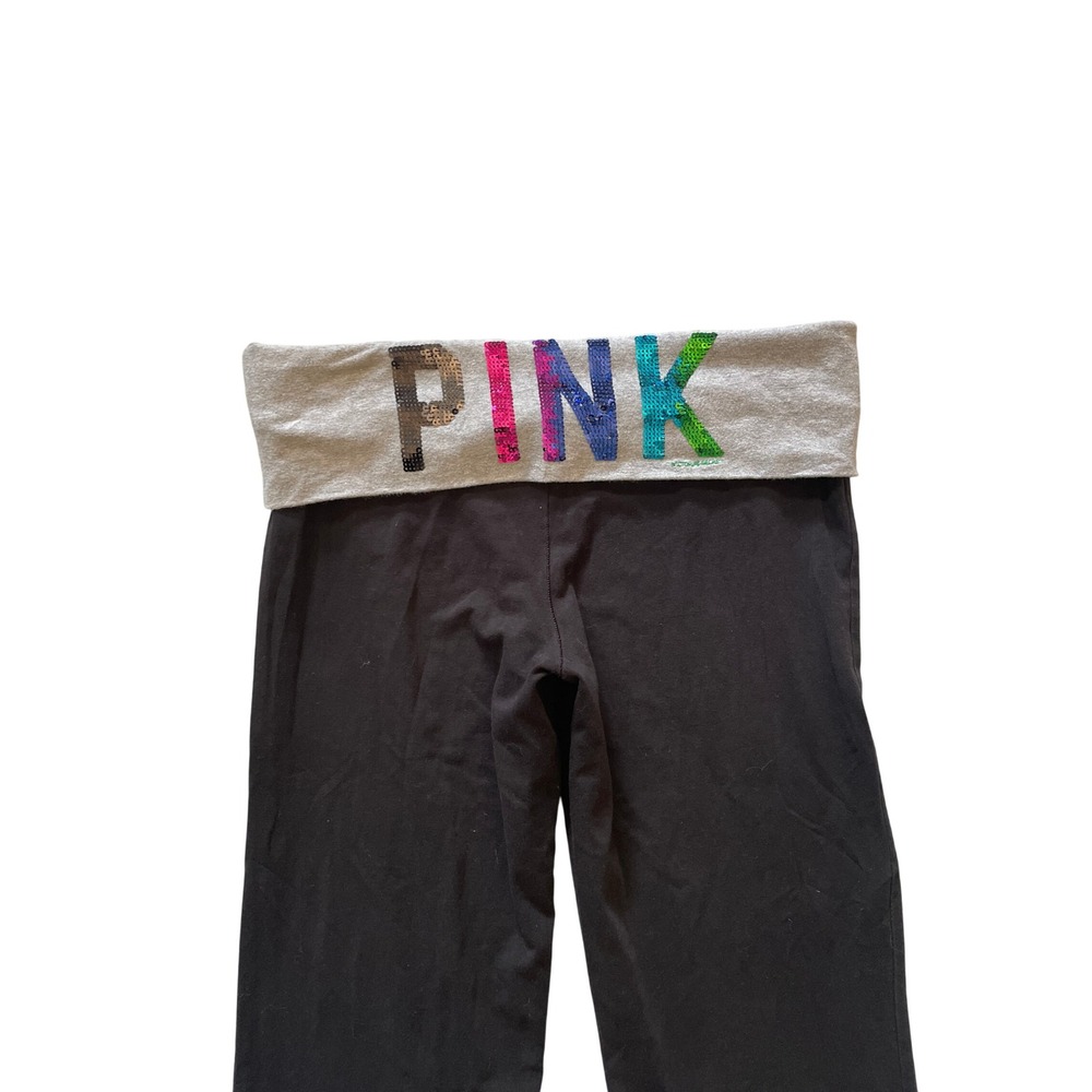 Yoga Pants Sequin Logo Foldover Flare Leg Black Size M by Victoria's Secret PINK - Picture 2 of 6